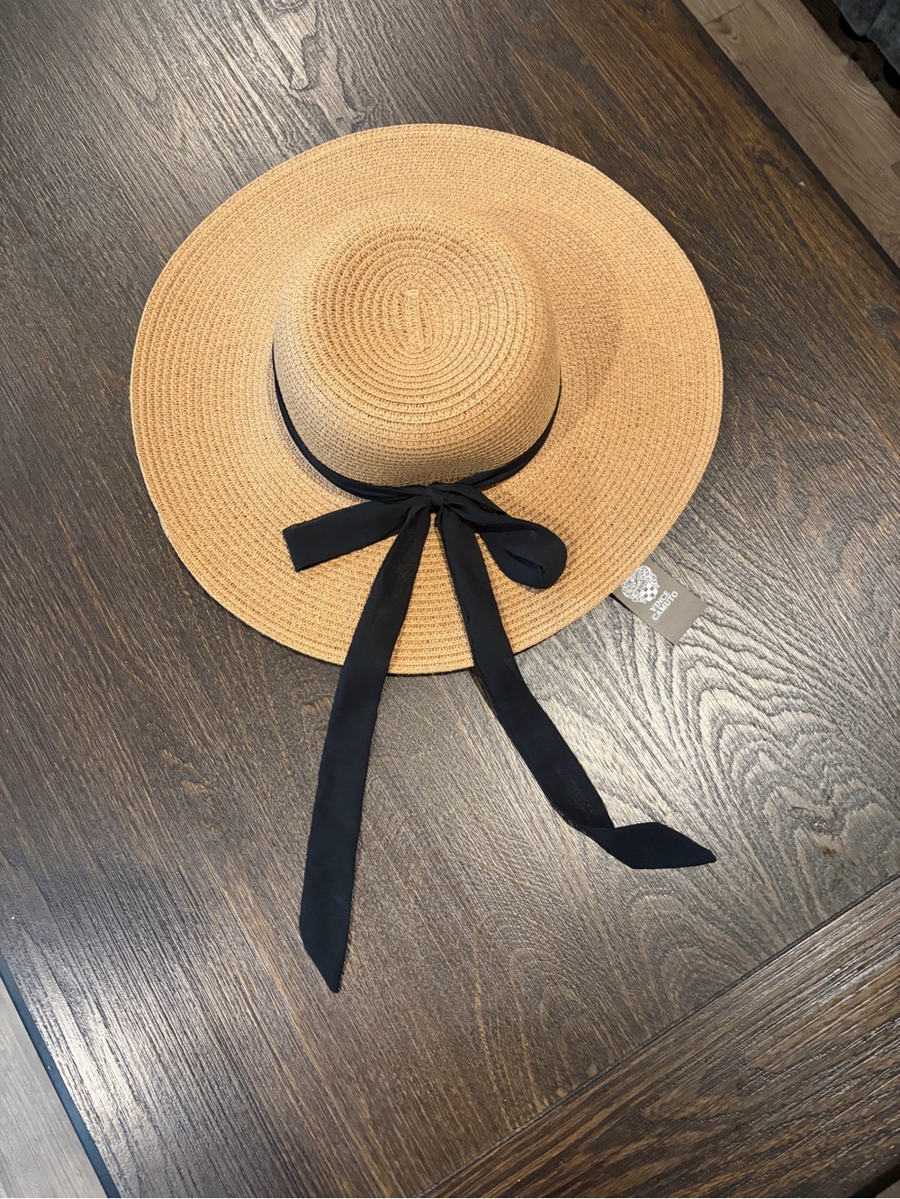Vince Camuto Tan Straw Wide-Brim Hat with Black Ribbon